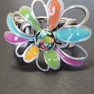 Silver tone multi colored flower bracelet statement 7.25"